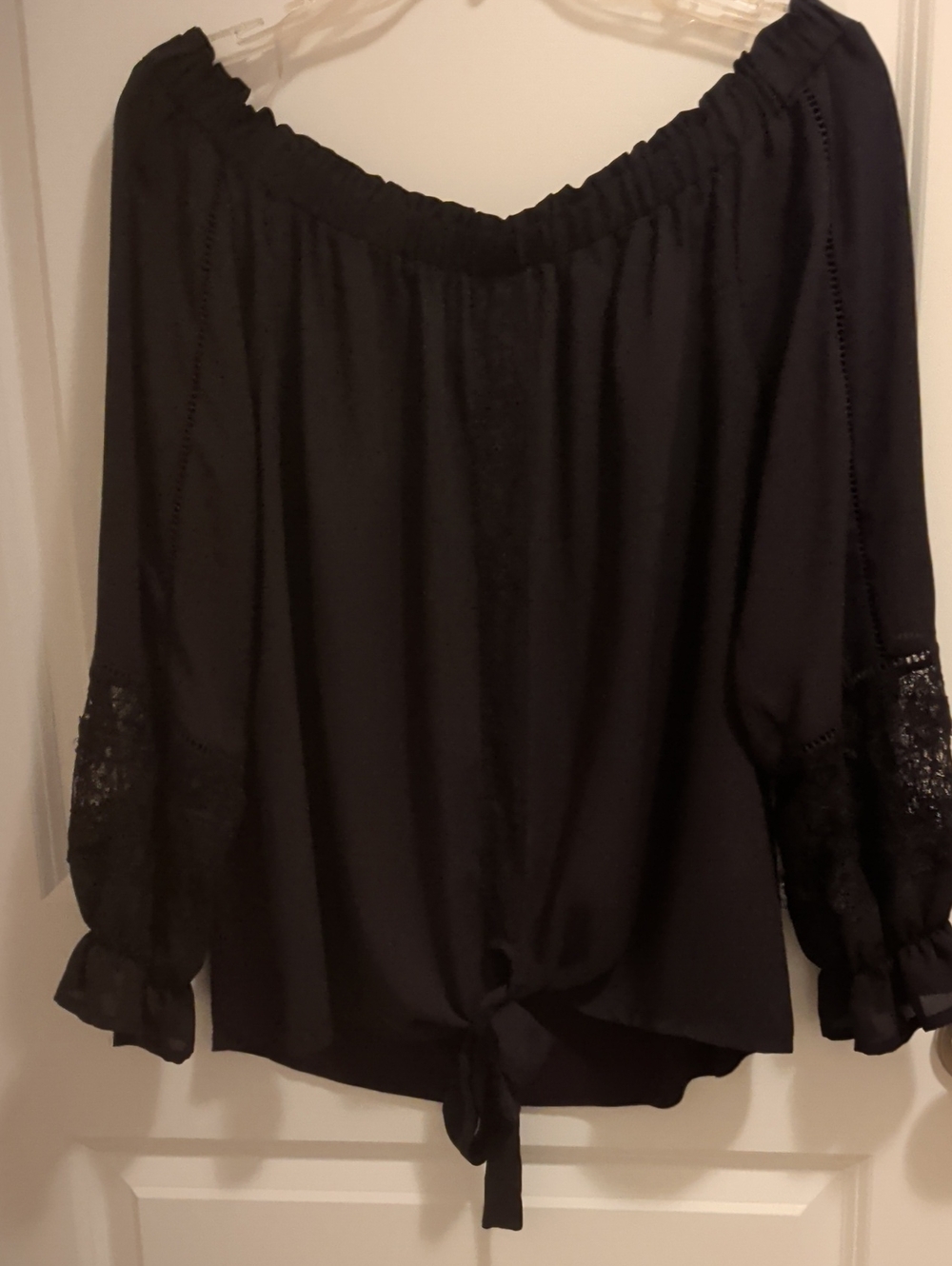 INC International Concepts Black Off-Shoulder Tie-Hem Blouse